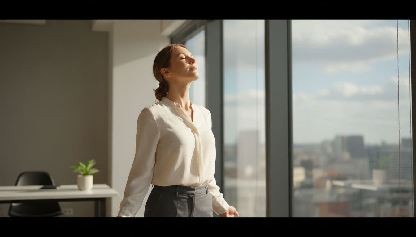 One person stands calmly by an office window during the workday, eyes closed inhaling deeply with relaxed hands at sides and a serene expression. Soft afternoon sunlight streams in, photorealistic wide landscape focusing on upper body and window view.