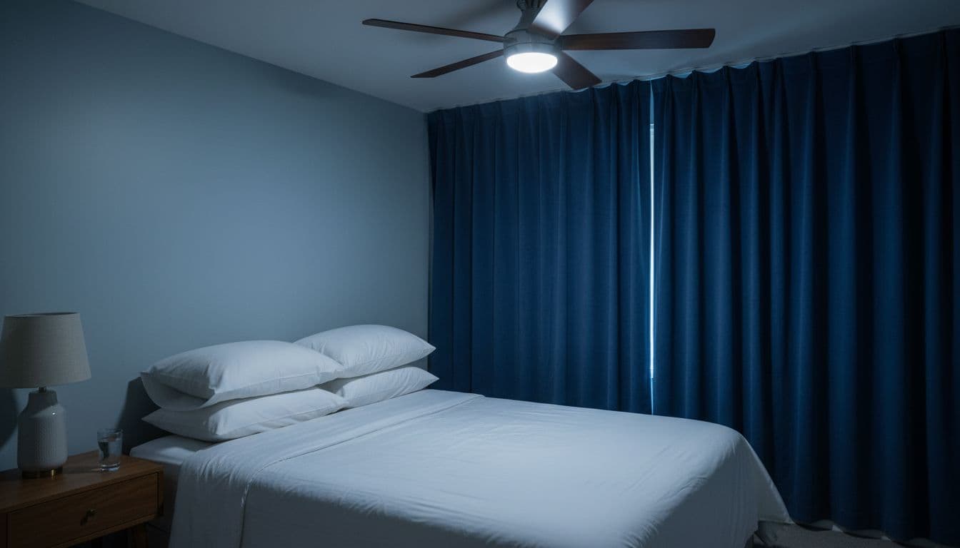 A serene bedroom optimized for nighttime sleep features a queen bed with crisp white sheets and pillows, heavy dark curtains to block light, a ceiling fan, and a simple wooden nightstand with a turned-off lamp and glass of water. The cool blue tones and clutter-free space create a quiet, restful atmosphere with no electronics, text, people, or logos.