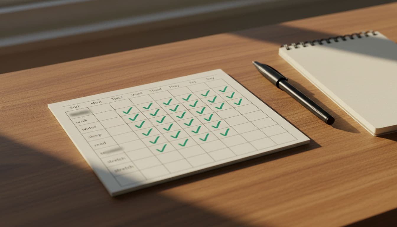 Close-up of a simple paper habit tracker calendar on a wooden desk with green checkmarks for habits like walk, water, and sleep, pen and notebook nearby in morning light.