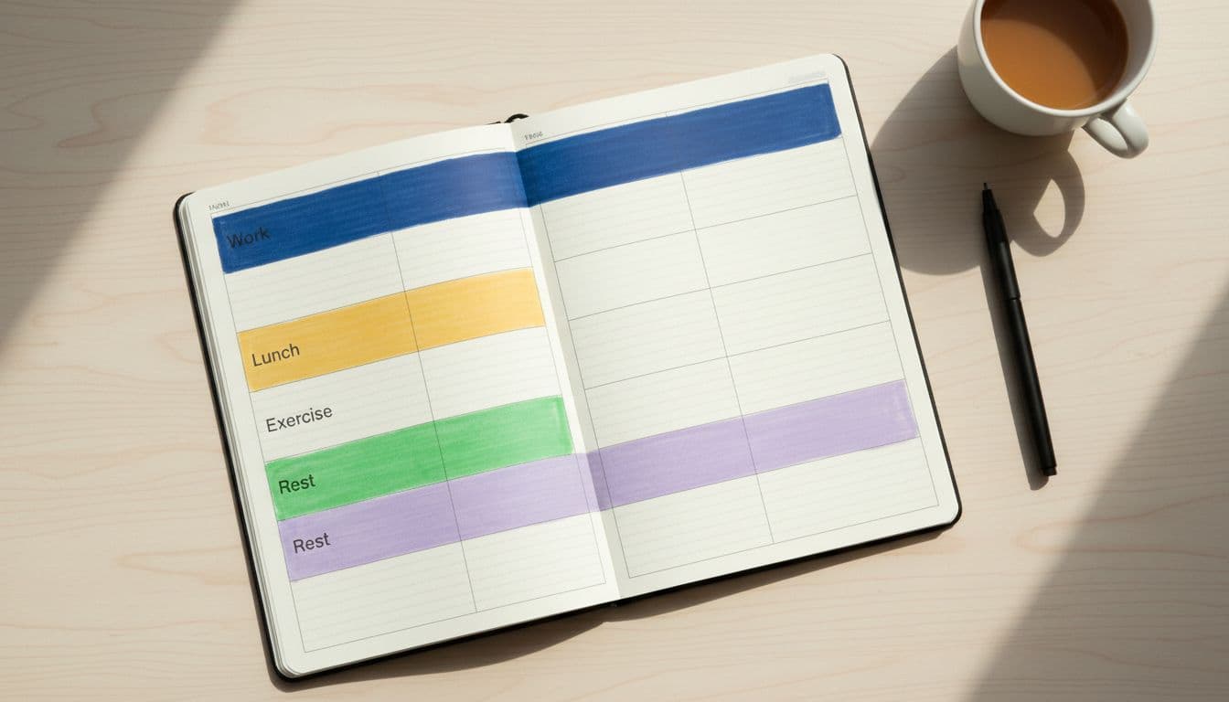 Open daily planner notebook on a desk showing simple time blocks with colored sections for work, lunch, exercise, and rest; top-down view in soft natural daylight, realistic photograph.