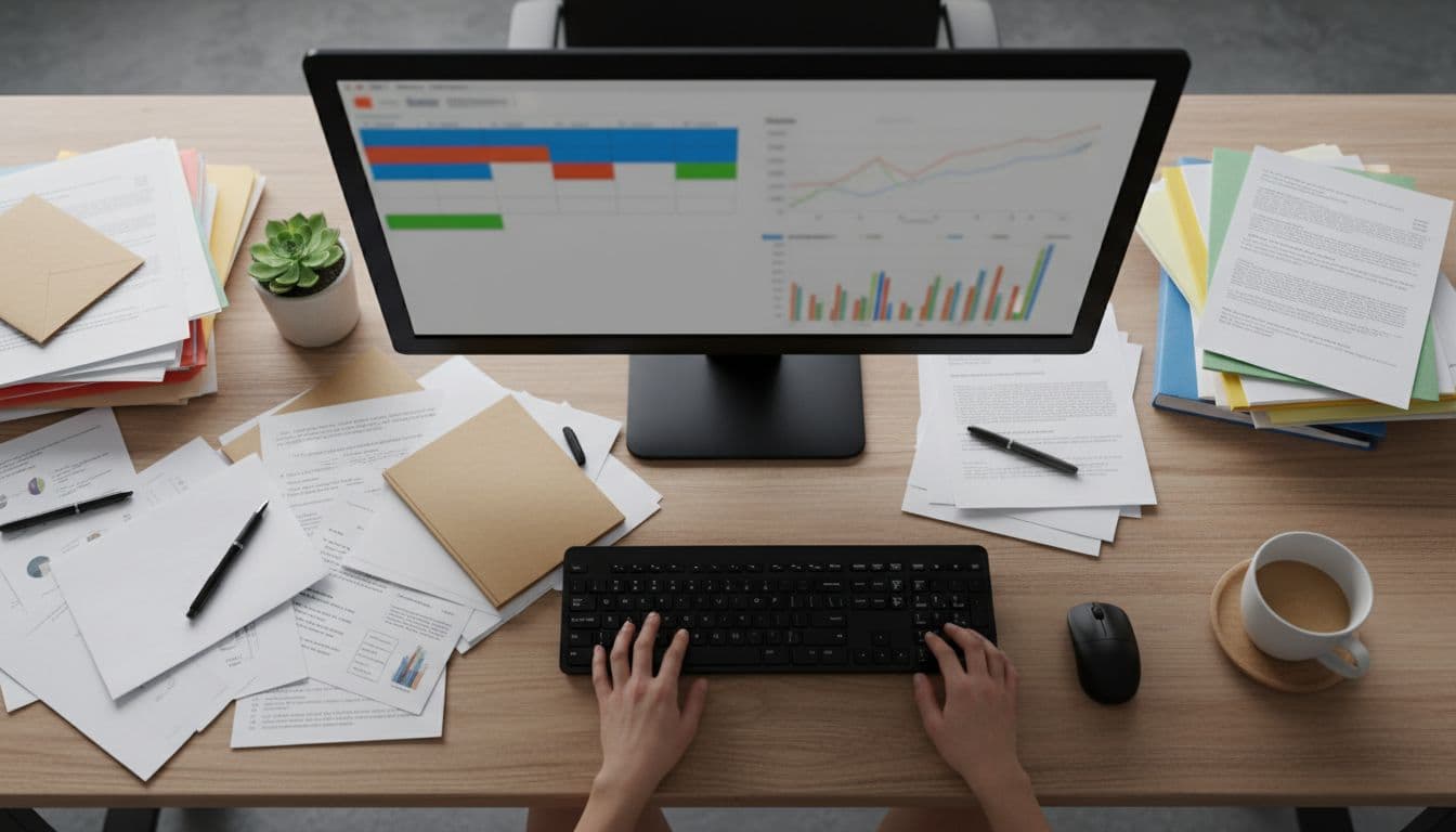 Photorealistic view of a small business back office desk cluttered with papers, a computer monitor displaying blurred scheduling calendar and inventory charts, relaxed hands near the keyboard, potted plant, and coffee cup under soft overhead lighting.