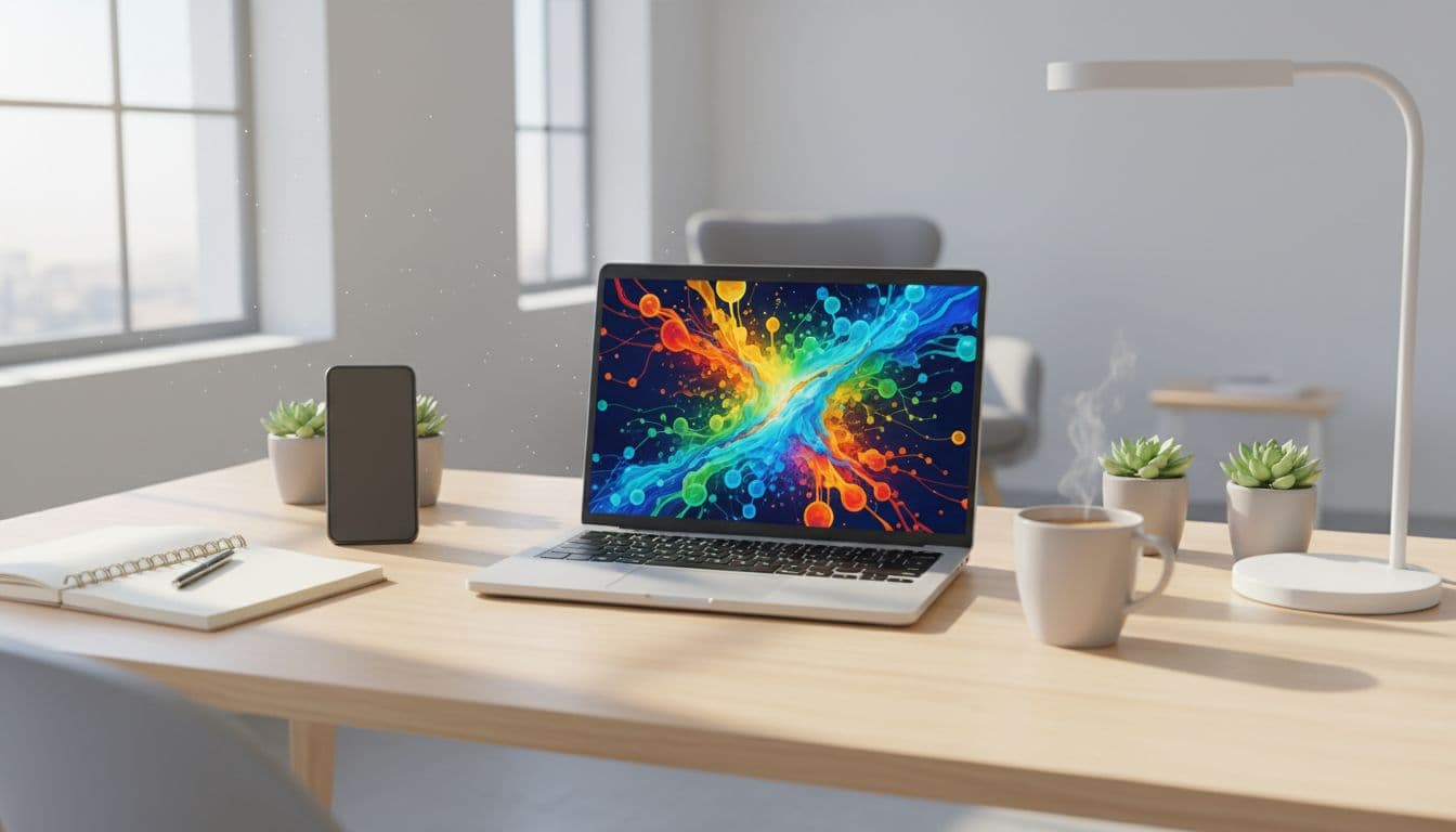 Bright small business home office desk with open laptop showing colorful abstract AI tool interface dashboard, notebook, propped smartphone, natural daylight, clean modern vibe, realistic photo, no people visible.