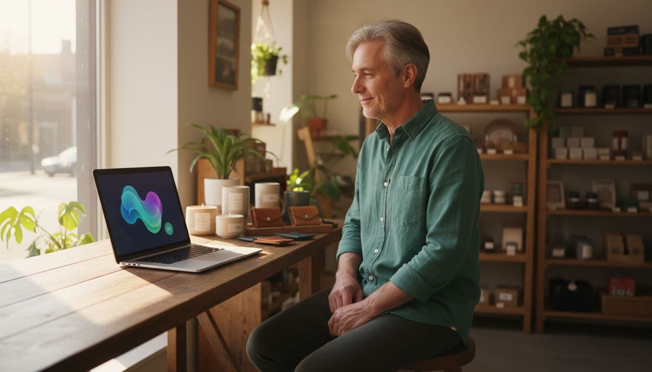 Cozy retail shop counter with a middle-aged owner sitting relaxed on a stool, smiling at a laptop showing an abstract chatbot conversation bubble, wooden surface with nearby products, warm window light, realistic photography style.