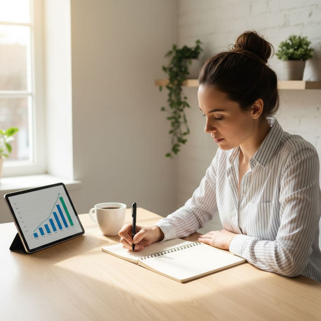 A focused small business owner sits at a clean wooden desk with an open notebook, pen in hand, tablet displaying a simple graph, coffee cup, and bright natural daylight in a warm minimalist home office.