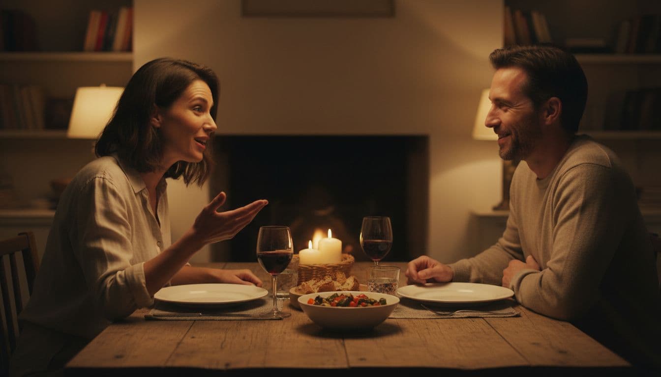 A couple shares a relaxed meal at a wooden dining table in a softly lit home at dusk, facing each other with smiles—one gesturing while talking, the other nodding appreciatively.