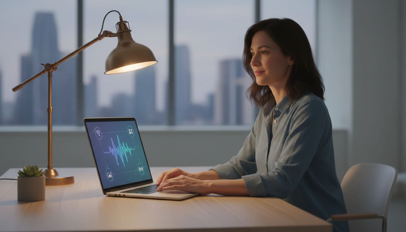 A single solopreneur at a modern desk with a laptop screen showing subtle abstract AI waveforms and content generation icons, hands resting naturally near the keyboard, illuminated by a warm desk lamp, realistic photo with no clutter or other people.