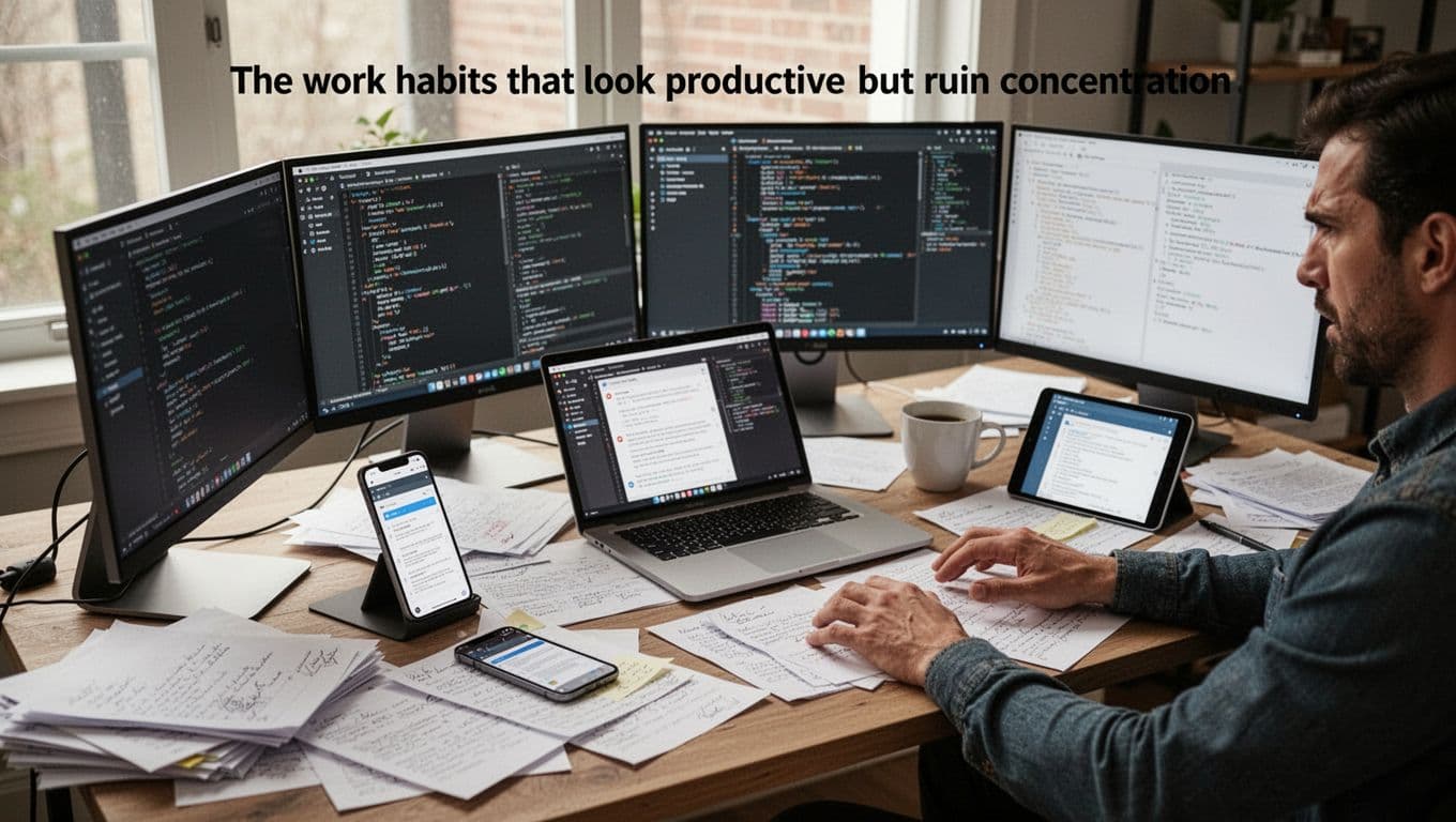 A focused adult at a cluttered home office desk surrounded by open laptop, phone, and tablet screens, scattered notes, and a coffee cup, appearing overwhelmed while switching between devices in a wide photorealistic composition with natural daylight.