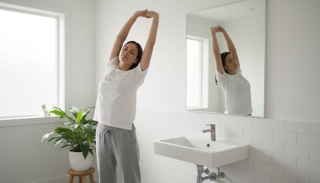 A relaxed person in casual home clothes stretches arms overhead in a bathroom mirror after brushing teeth, bathed in natural morning light from a window.