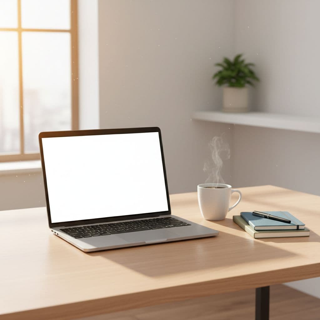 A single open laptop sits on a clean wooden desk next to a cup of coffee, with sunlight streaming in from a window illuminating neatly organized notebooks, evoking a calm and focused start to the workday.