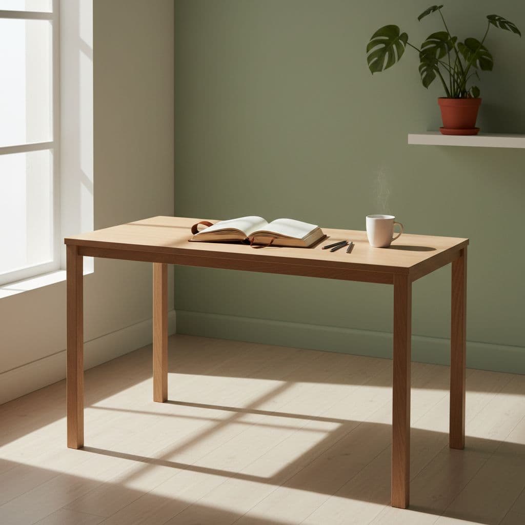 A bright, minimalist home office with sunlight streaming through a window. A single open leather-bound journal sits on a clean desk next to a cup of coffee. The atmosphere is calm and focused with soft, natural lighting.