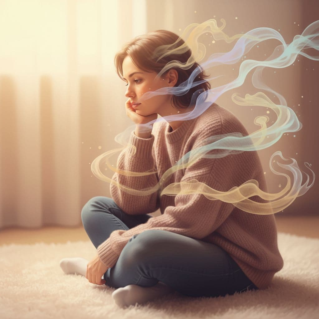 A single person sitting quietly and thoughtfully, illuminated by soft warm light, surrounded by abstract faint ribbons of smoke representing gentle internal voices, evoking calm with soft textures and gentle colors.