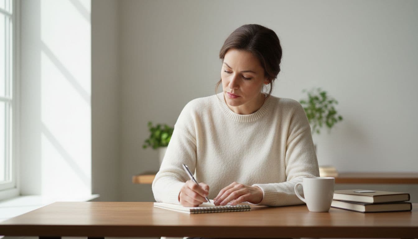 A thoughtful mid-30s woman sits at a simple wooden desk in a bright office, focused on jotting notes with a pen on a notepad, coffee mug nearby, natural window light.