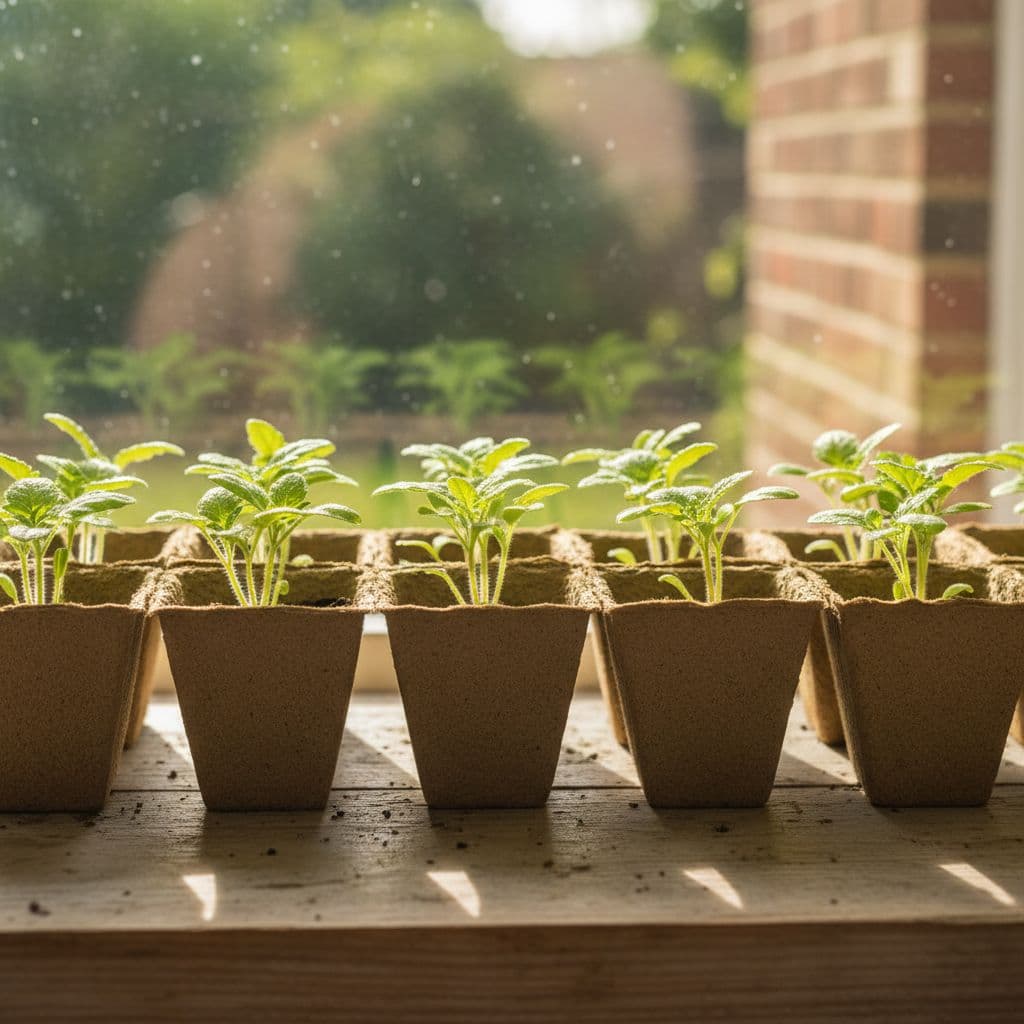 Several rows of small, bright green vegetable seedlings like tomato or herb starts arranged in biodegradable pots on a sunny wooden windowsill with sharp focus on healthy young plants.