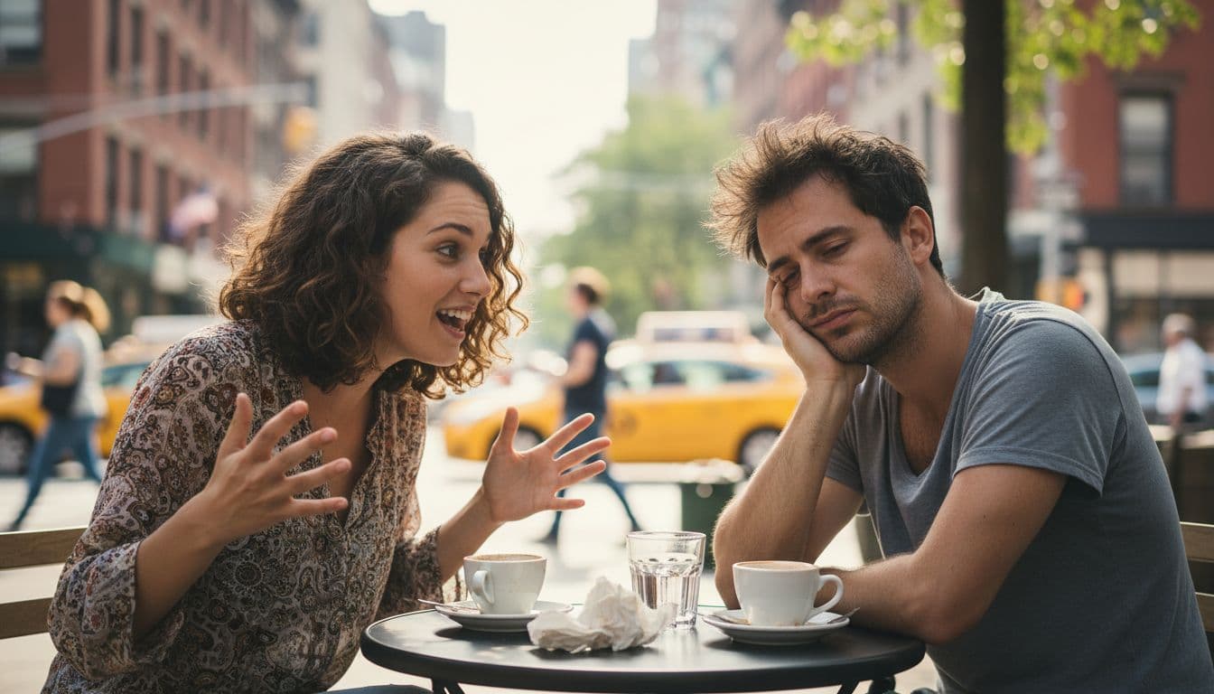 At an outdoor cafe table under natural daylight, a woman gestures animatedly while talking to her male friend, who rests his chin on his hand with a weary, drained expression, blurred busy street in the background.