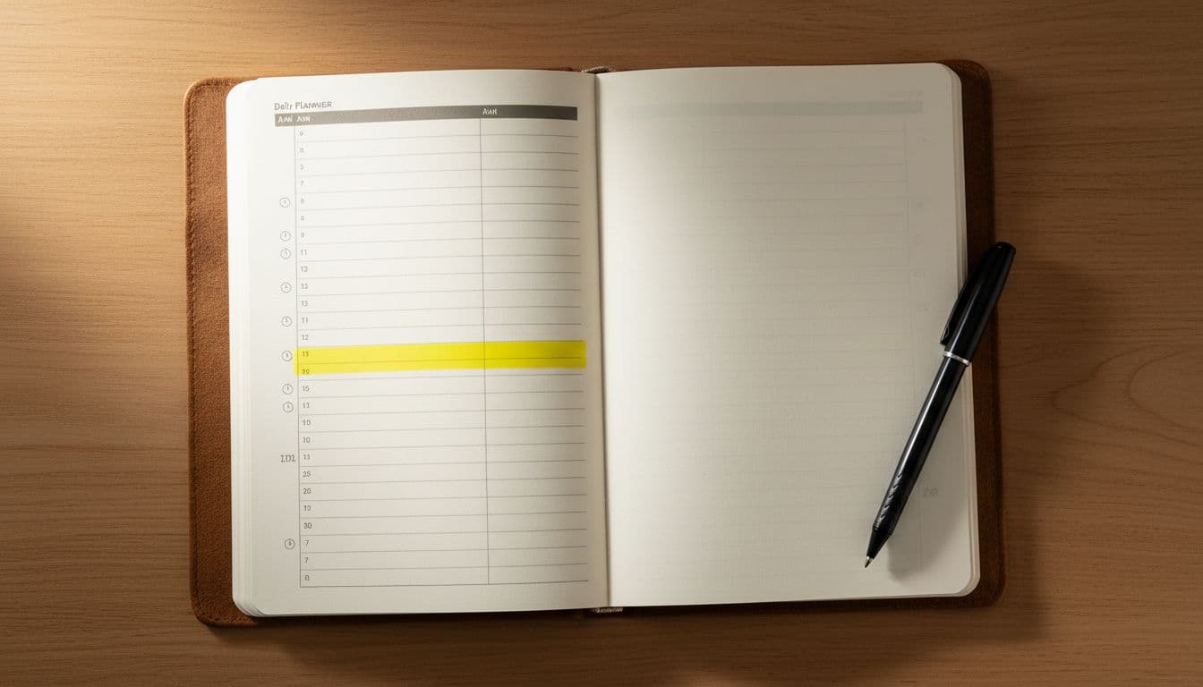 Close-up of an open leather notebook on a wooden desk displaying a daily planner page with time slots and a short midday block highlighted in yellow marker, pen resting beside in soft morning light.