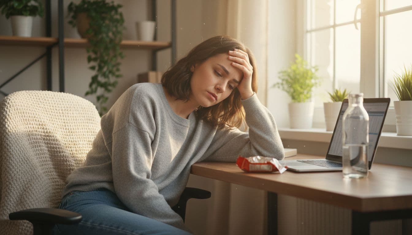 A young professional slumps at their desk during the afternoon energy crash, with heavy eyes, yawning, and hand rubbing temple; cozy home office with plants, empty snack wrapper, and water bottle.