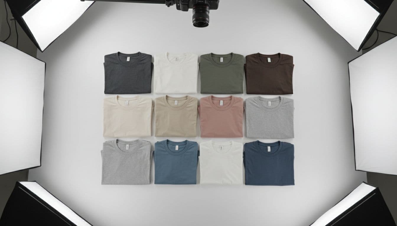 Twelve folded t-shirts in neutral colors arranged in a precise grid on a white table, lit evenly for professional ecommerce product photography.