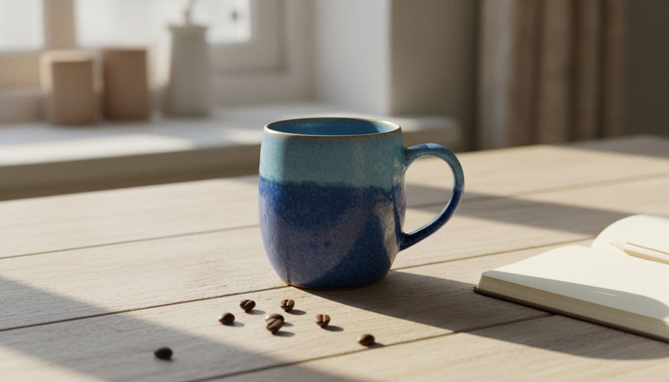 Photorealistic product photography of a single ceramic coffee mug with blue glaze centered on a light wooden kitchen table, bathed in bright natural morning light, with scattered coffee beans and an open notebook nearby for a cozy lifestyle setup, soft shadows, no people, text, logos, or extra objects.