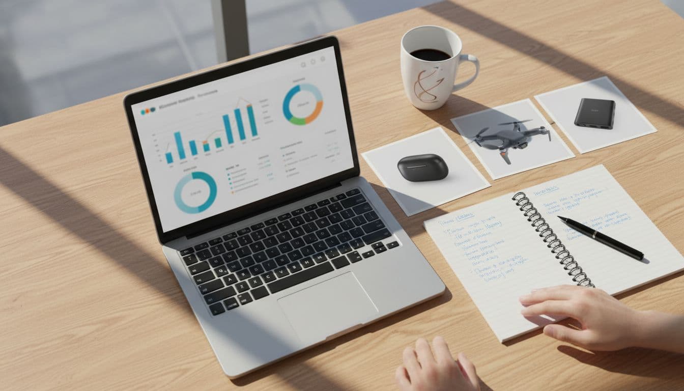 Top-down view of an office desk with a laptop open to a blurred ecommerce analytics dashboard showing metrics like conversion and costs, beside printed gadget photos, notebook with notes, and coffee mug under natural daylight.