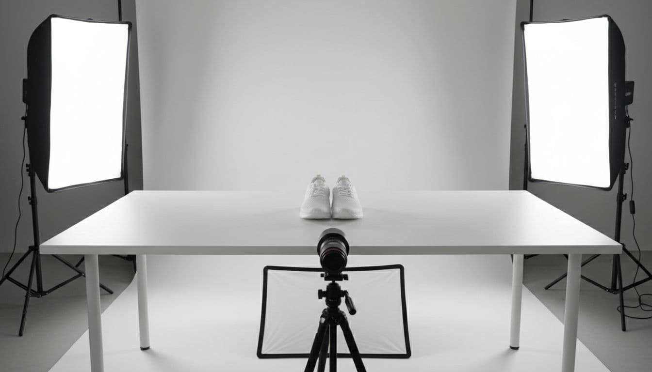 Clean professional studio setup for consistent ecommerce product photography: sneakers centered on white seamless backdrop, two softbox lights at 45 degrees, camera on tripod, reflector below for even lighting and high detail.