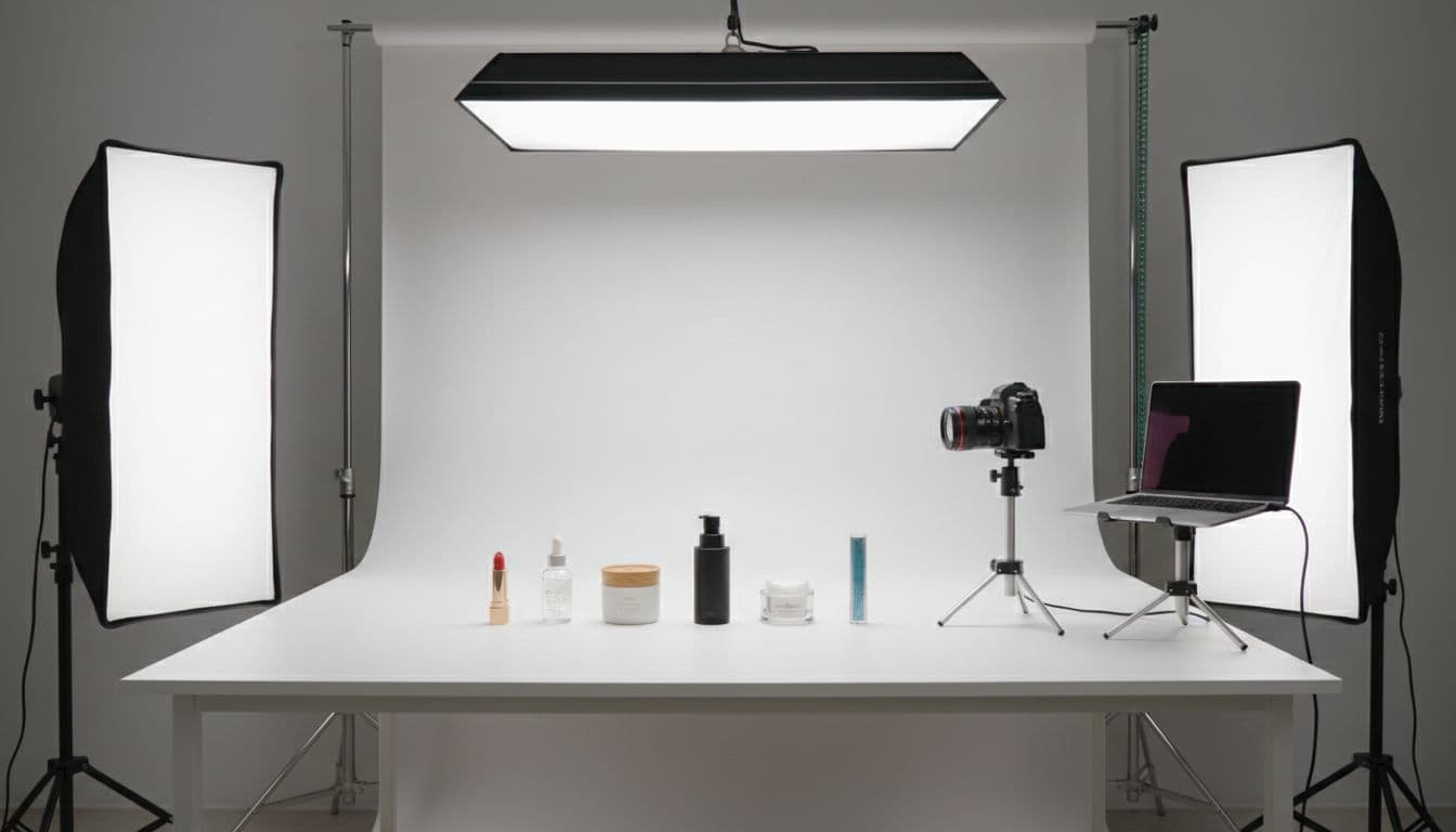 Large white table with seamless paper roll backdrop holds six beauty products like lipsticks, serums, and jars in a neat row, lit by overhead light bank and side softboxes, with DSLR camera tethered to laptop.