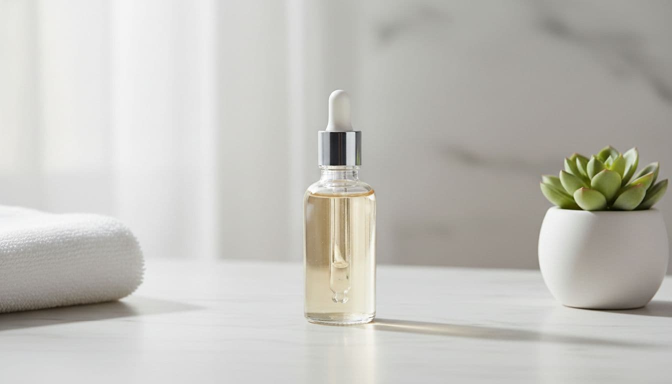 Clear glass skincare bottle with dropper centered on white marble bathroom vanity under soft morning light, with single green succulent and folded white towel in a clutter-free zen setup.