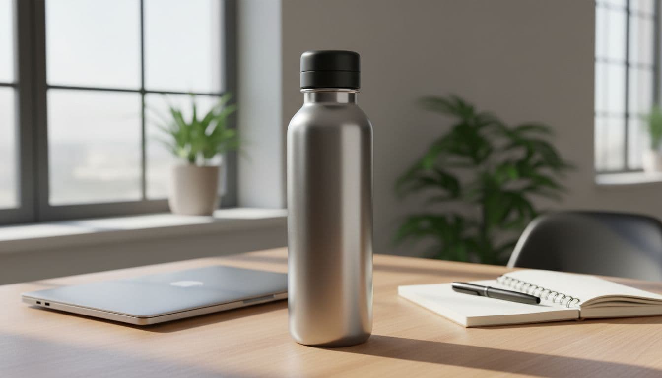 Stainless steel insulated water bottle on a wooden desk in a bright home office with natural window light, accompanied by a closed laptop and open notebook with pen for a simple work break context.