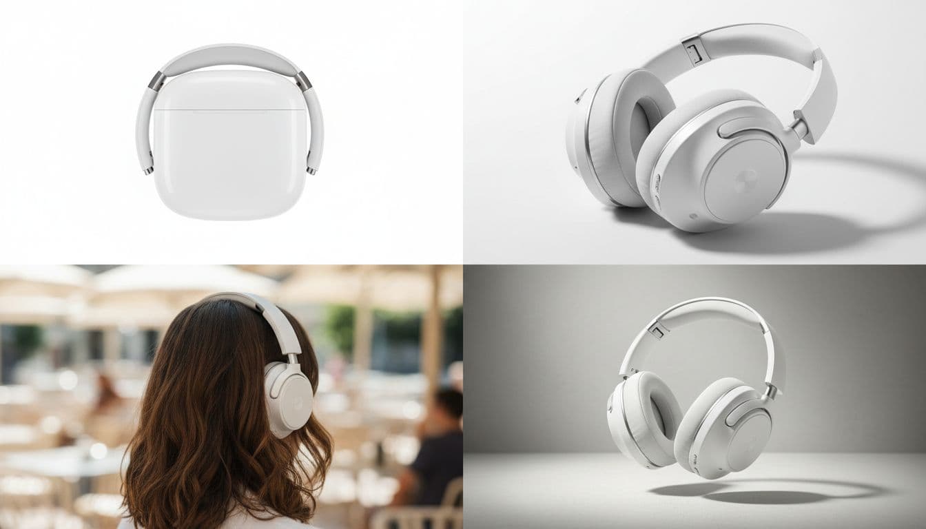Collage of four professional images of wireless headphones adapted for ecommerce: top-left packshot on white, top-right 3/4 detail, bottom-left lifestyle on ear (back view), bottom-right hero with shadow, in a grid layout.