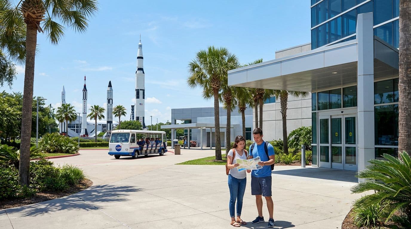 Exterior view of Space Center Houston featuring modern buildings, NASA trams and rockets in the distance, palm trees, clear skies, exactly two visitors near the entrance holding a map, realistic photo style in bright daylight, landscape composition.