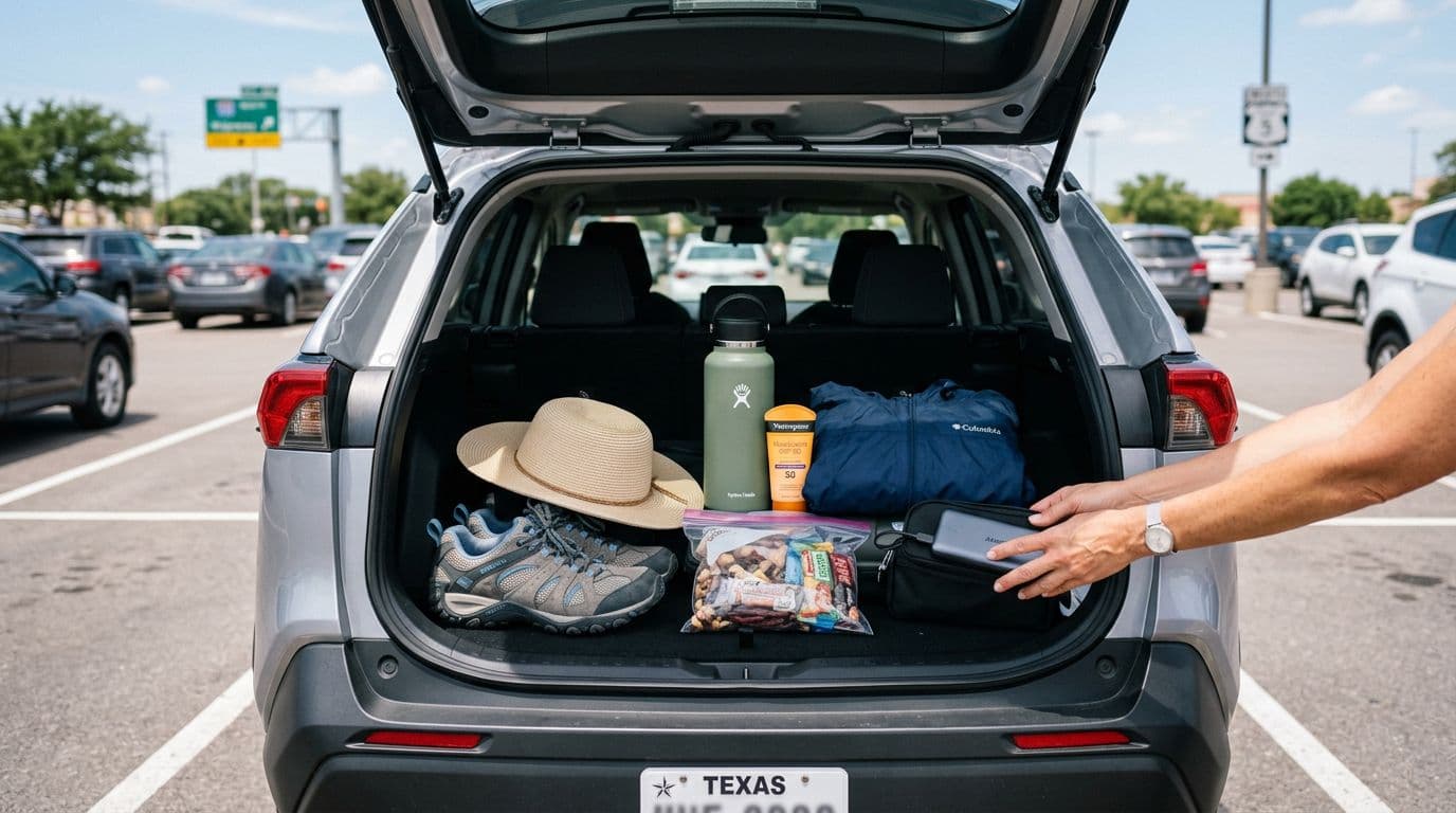 Neatly organized open car trunk packed with essentials for a Texas road trip: reusable water bottle, sunscreen, wide-brim hat, walking shoes, portable charger, snacks, lightweight rain jacket. Sunny parking lot with blurred Texas road sign in background, realistic photo.