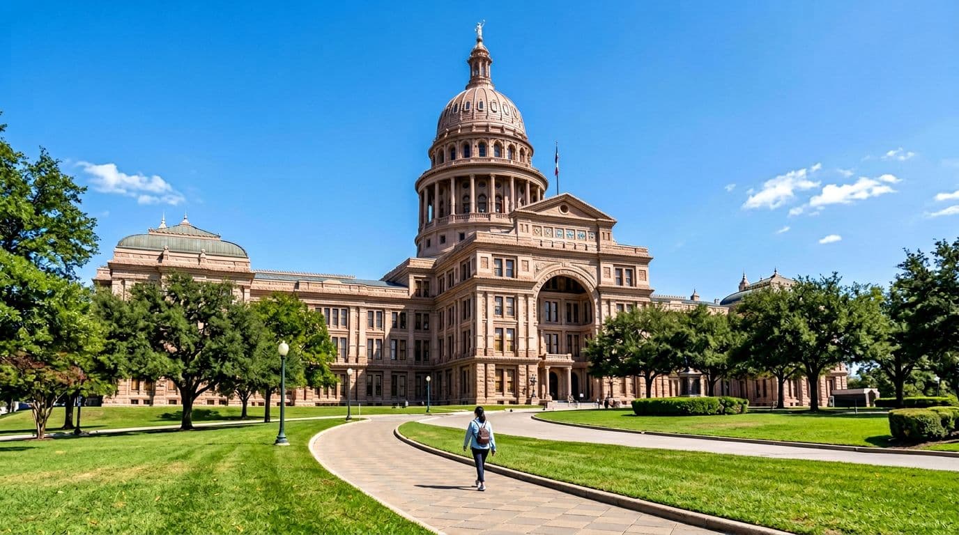 A bright daytime realistic photo of the grand pink granite Texas State Capitol building with its dome in Austin, featuring green lawns in the foreground and exactly one person walking on the path under a clear blue sky with natural sunlight, portrait composition focused on architecture.