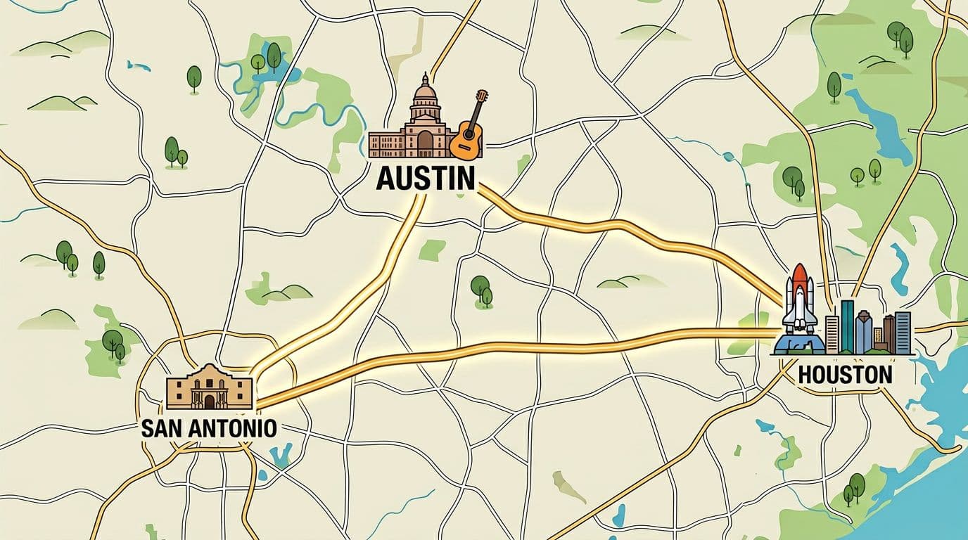 Clean vector illustration of Texas Triangle roads including I-35 from San Antonio to Austin, US-290 East and I-10 from Austin to Houston, and I-10 West from Houston to San Antonio, with city icons and highlighted paths in bright daylight colors.