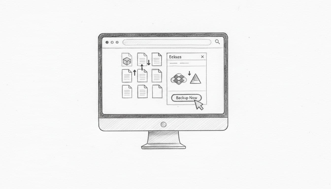 Hand-drawn graphite sketch of a simple WordPress dashboard with open backup settings menu, files uploading to cloud storage icons like Dropbox and Google Drive, and a mouse cursor hovering over the backup button.