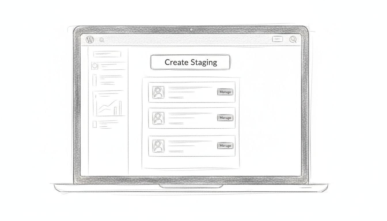 Hand-drawn sketch of a WordPress hosting control panel dashboard on a laptop screen, highlighting the 'Create Staging' button and site list.