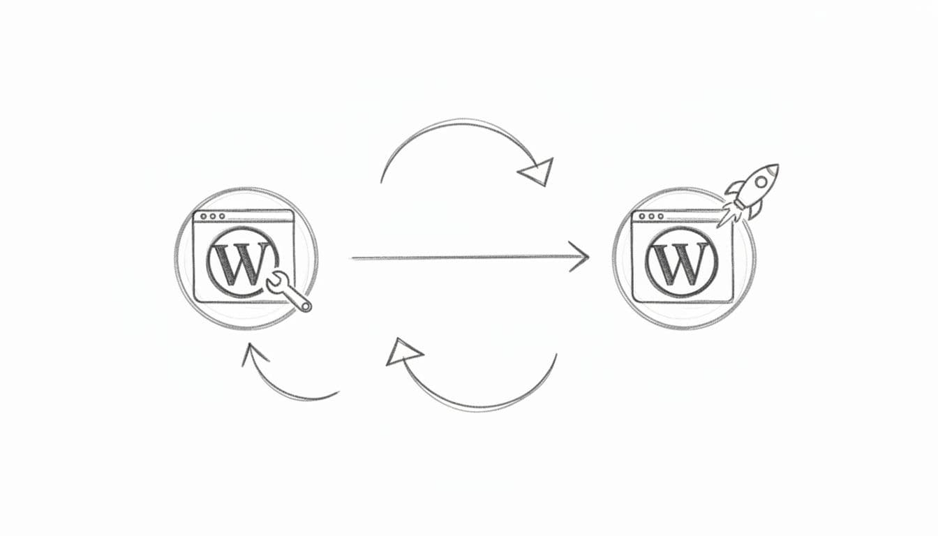 Simple hand-drawn flowchart diagram illustrating the process of pushing changes from a staging WordPress site to live production, featuring arrows between site icons with graphite linework and light shading on a clean white background.