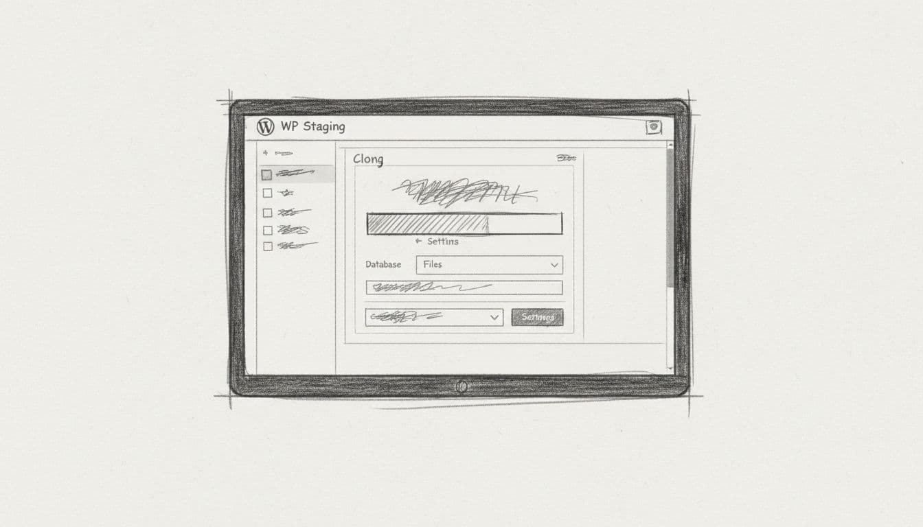 Hand-drawn sketch of WordPress admin dashboard with WP Staging plugin interface open, showing clone site progress or options, graphite linework on light gray paper background.