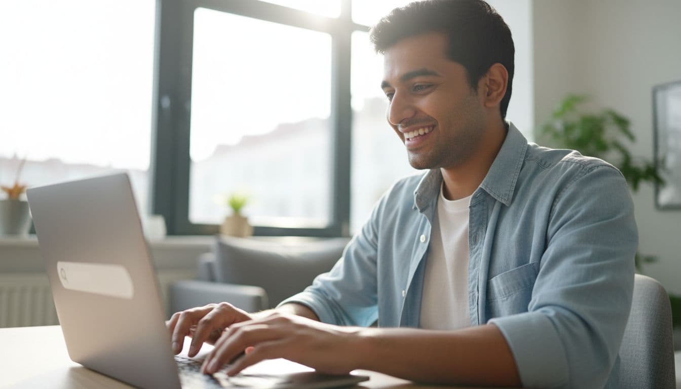 Excited young man with Indian features smiles while typing an advanced Google search query on his laptop in a bright modern home office, with blurred search bar on screen and vibrant natural daylight. The dynamic composition focuses on his face and hands, capturing the thrill of discovering smart search tricks.