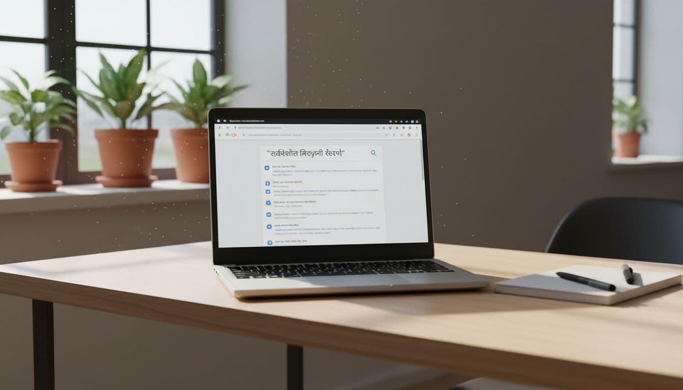 Laptop screen in a bright home office shows Google search bar with double quotes around 'best biryani recipe' for exact phrase search, on a wooden desk with notebook, natural daylight, realistic high-detail photo.
