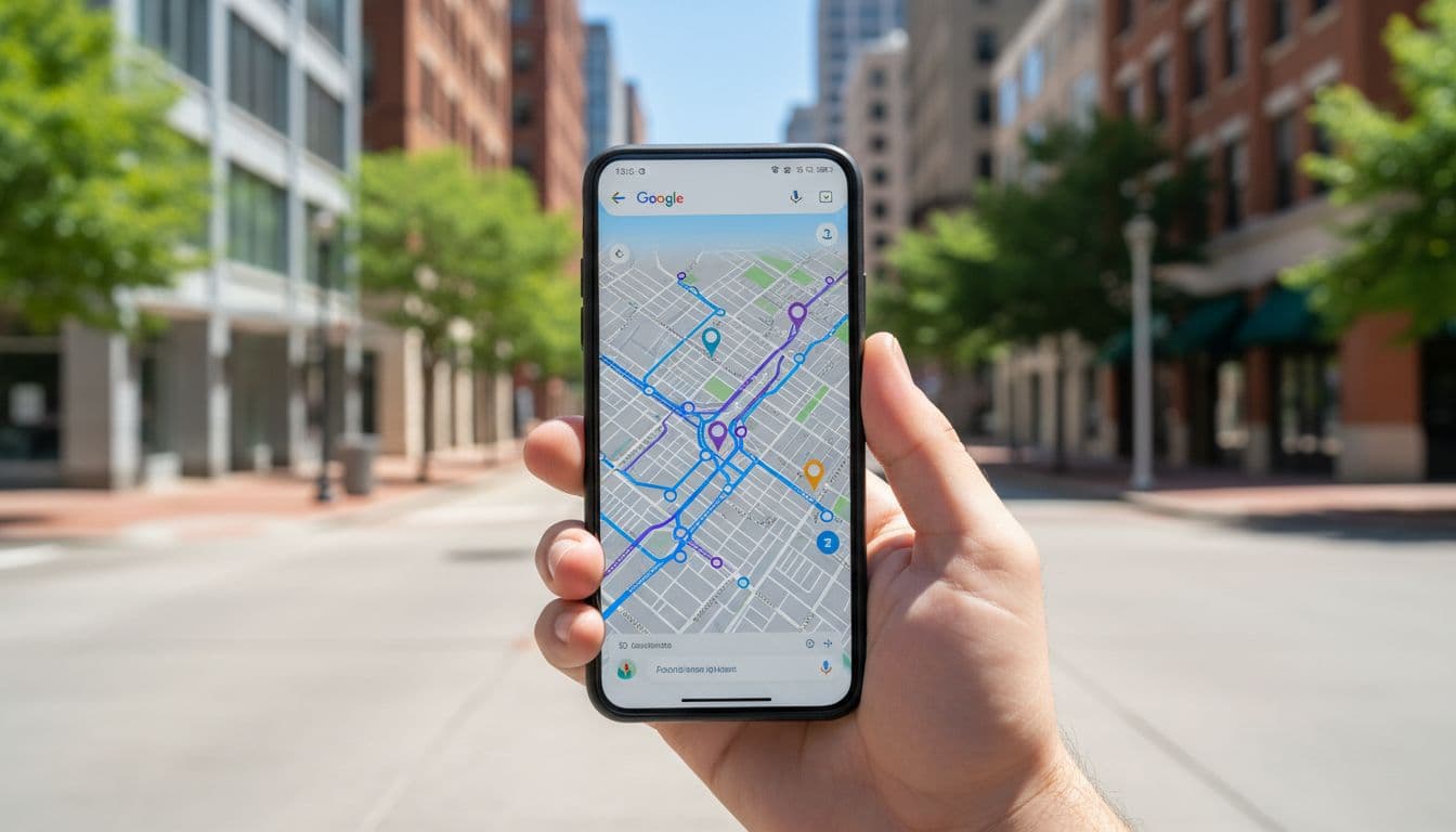 A person's hand naturally grips a smartphone displaying Google Maps with routes and pins in a sunny urban street scene, realistic photography with focus on the map interface and vibrant city background.