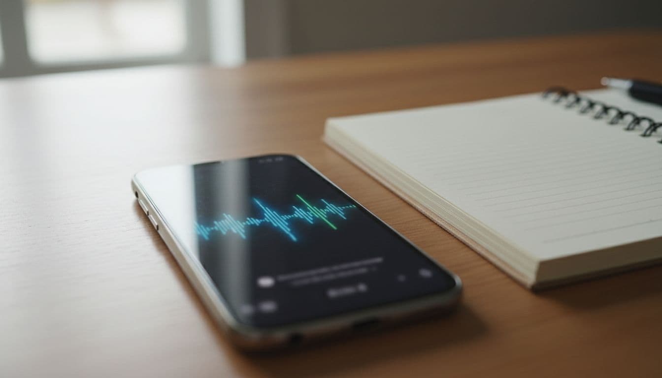 Close-up of a smartphone screen displaying an active voice dictation waveform for offline use, with the phone resting on a table next to a notebook in simple realistic style and natural indoor lighting.