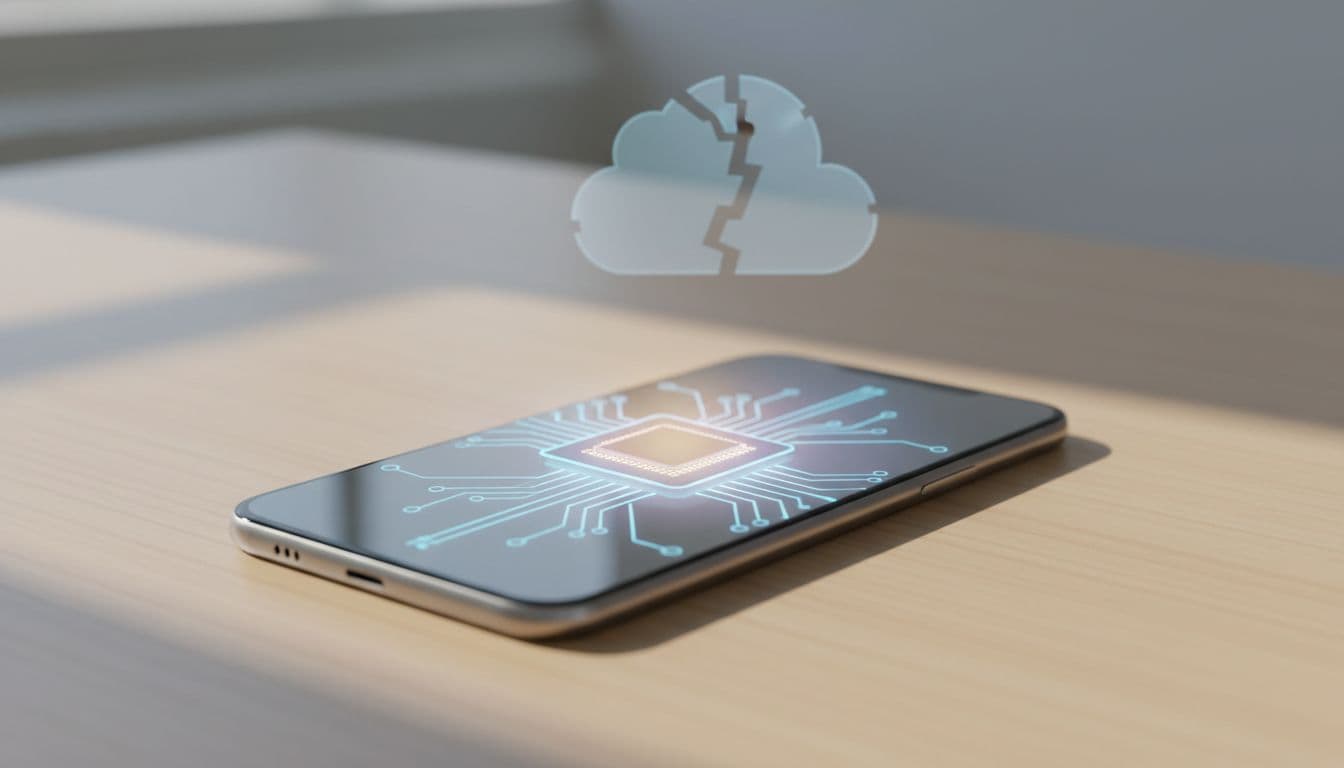 Smartphone on a wooden desk showing internal glowing processor chip for on-device AI processing, faint disconnected cloud server icon in background, simple illustrative style.
