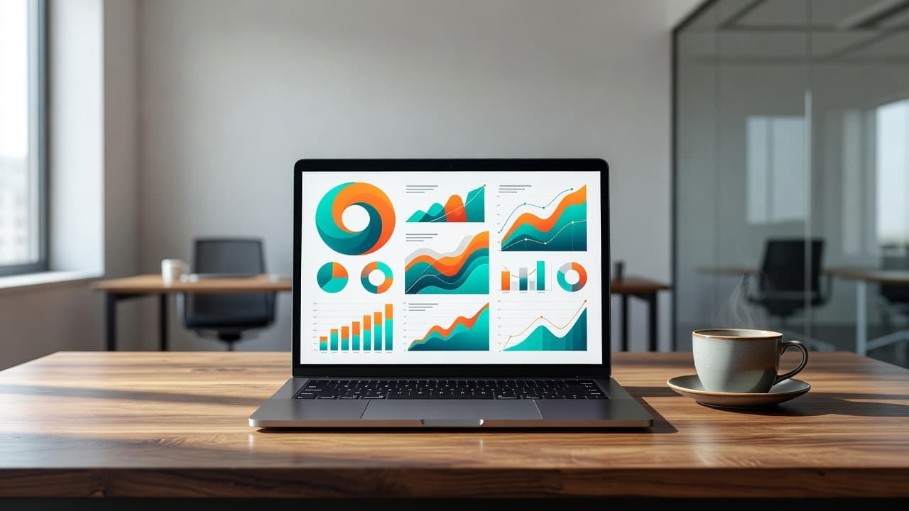 A sleek wooden desk displays a laptop screen featuring colorful data visualizations and abstract charts. A steaming ceramic coffee mug rests nearby while soft sunlight illuminates the clean office setting.