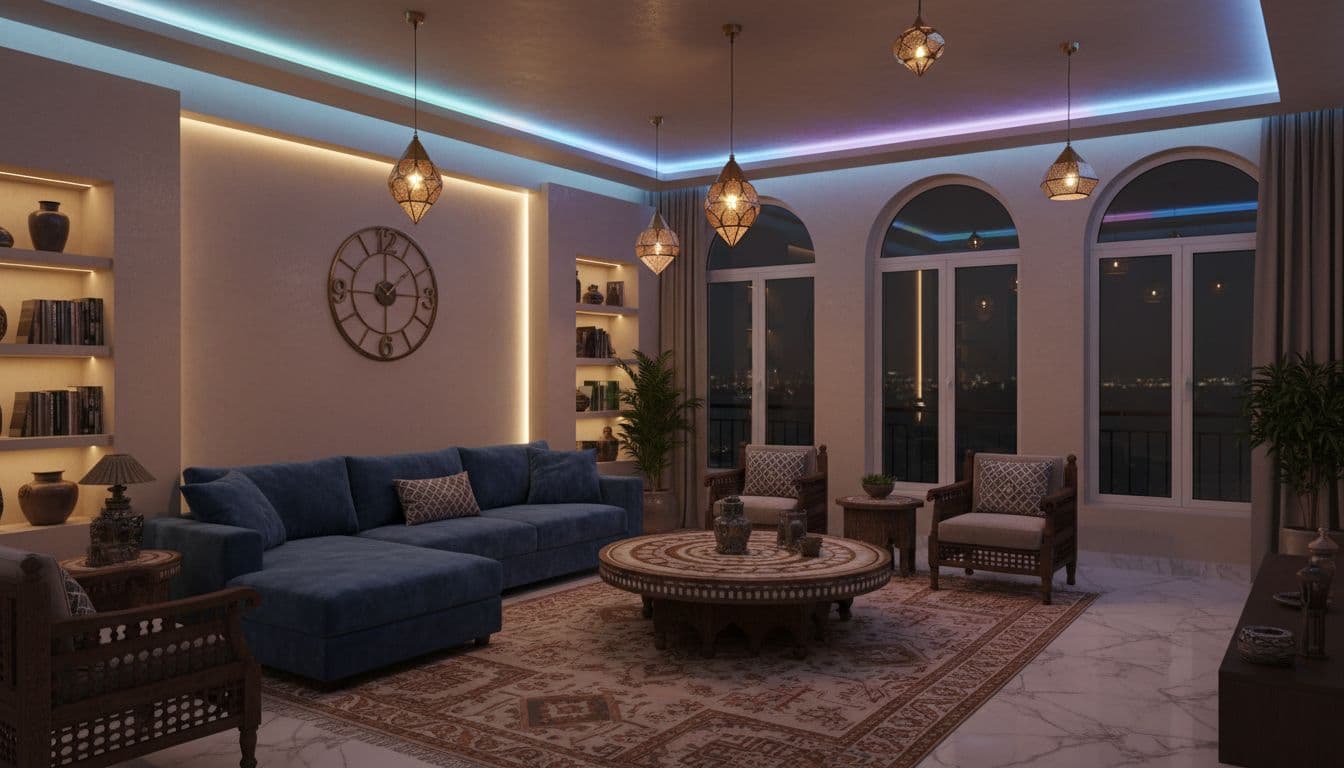غرفة معيشة بإضاءة ذكية تعمل تلقائيًا في المساء
