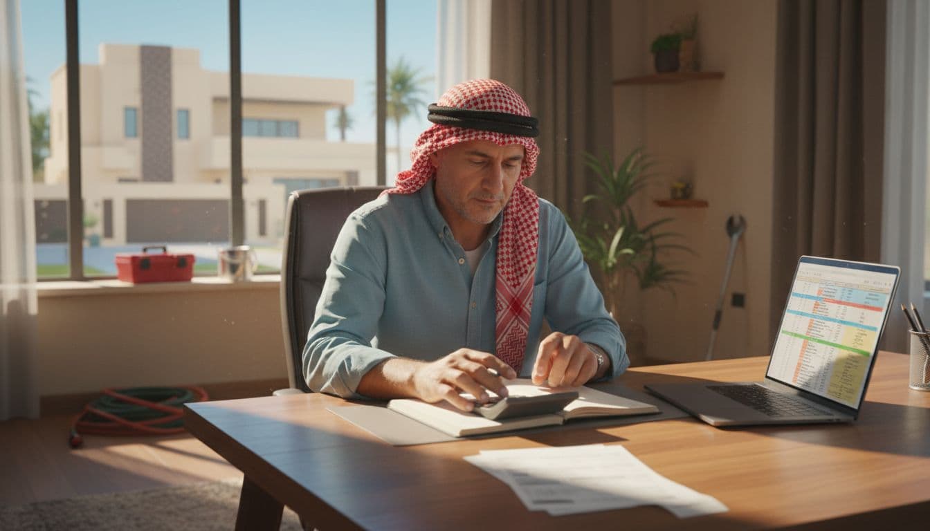 رجل عربي يخطط لميزانية صيانة المنزل على مكتبه المنزلي، صورة واقعية