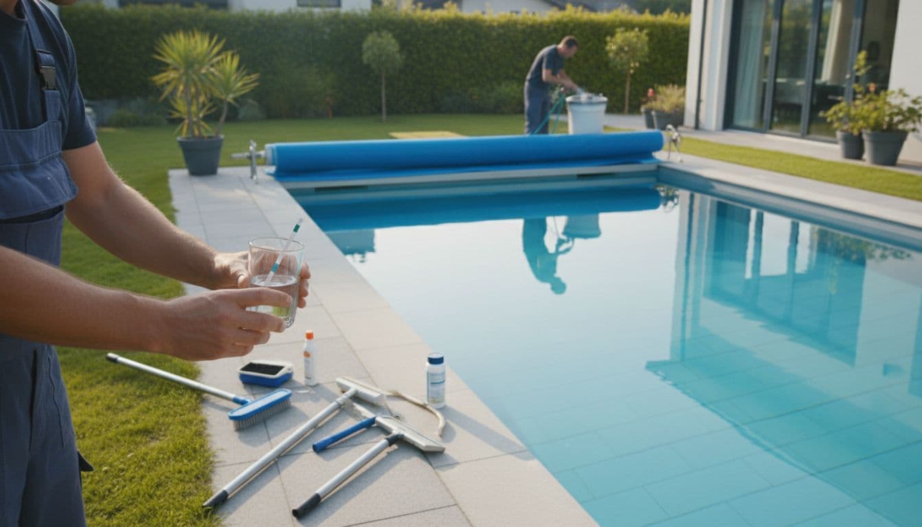 شخص يفحص الكلور وينظف فلتر المسبح في حديقة منزلية