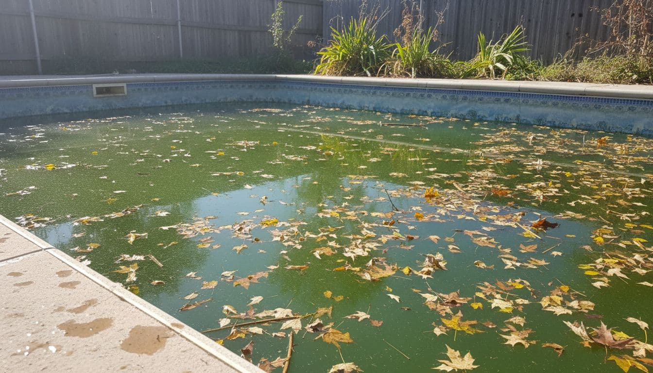 مسبح بسطح ماء أخضر عكر وأوراق طافية يوضح إهمال الصيانة