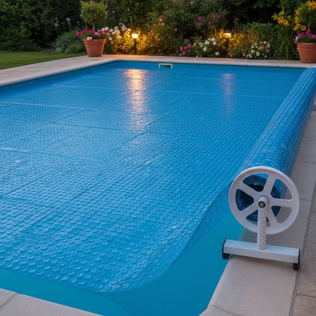 غطاء أزرق لمسبح منزلي يُسحب فوق سطح الماء عند الغروب