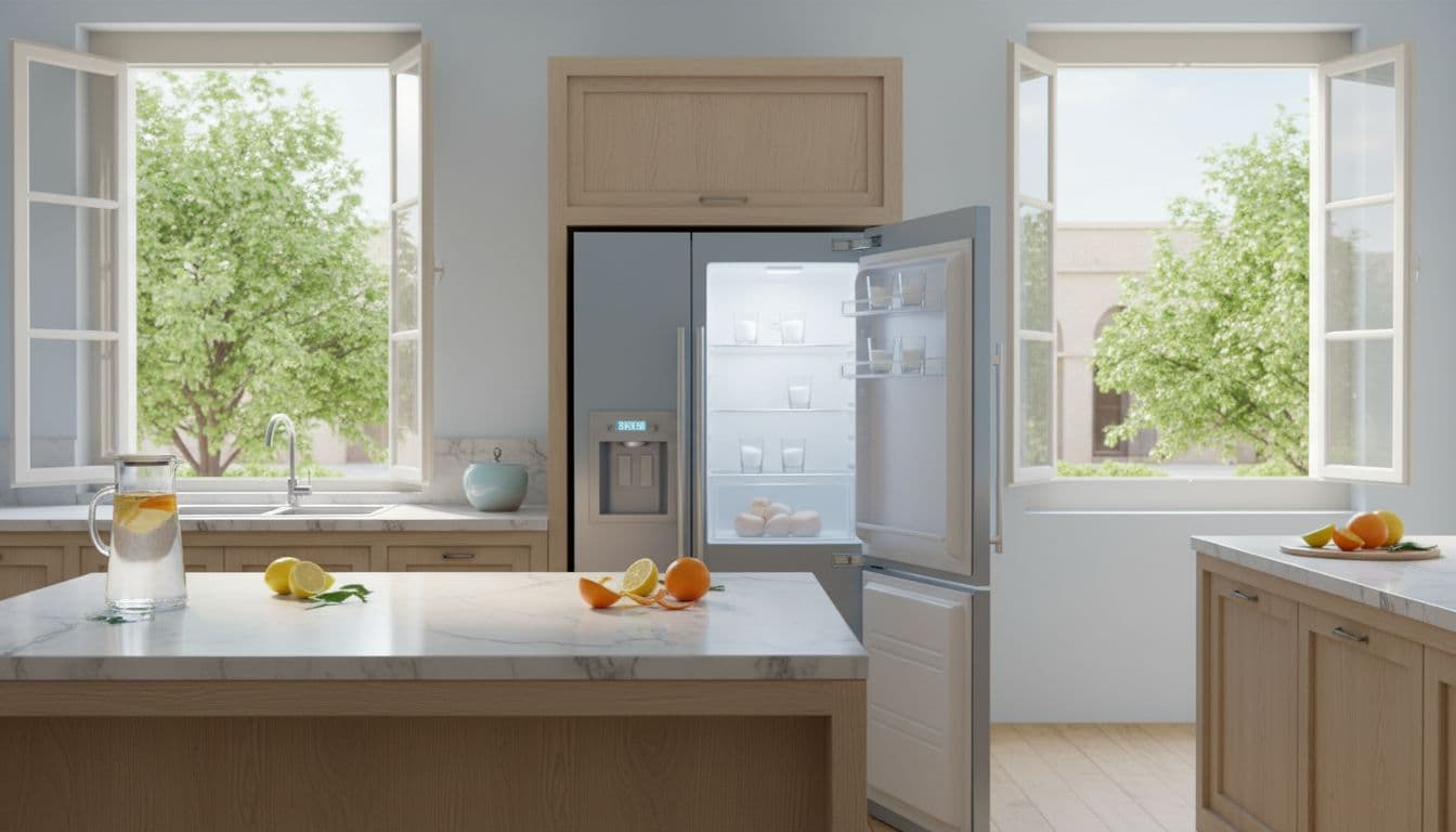 مطبخ عربي نظيف مع نوافذ مفتوحة وليمون وبرتقال وصودا الخبز