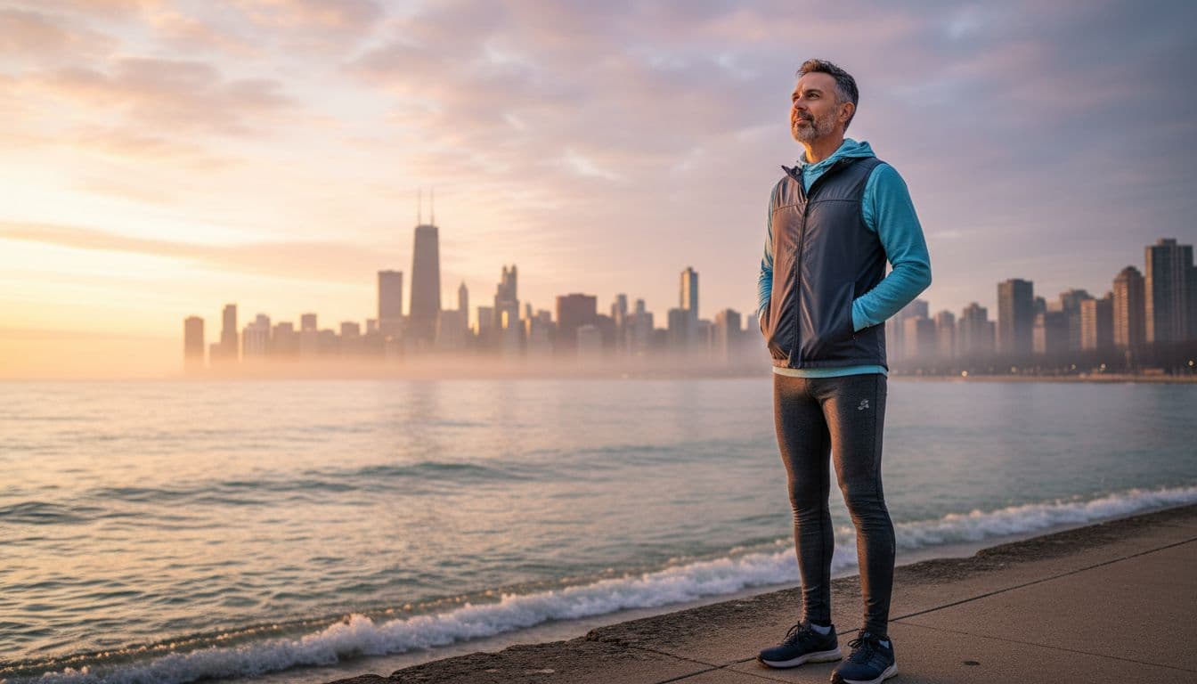 Middle-aged man on the Chicago lakefront at sunrise, looking hopeful about his health and future family. Image generated by AI.