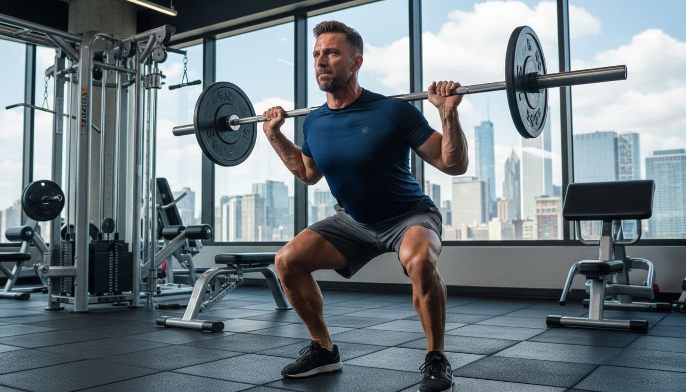 Middle-aged man in a Chicago gym performing a barbell squat with the skyline visible through the windows
